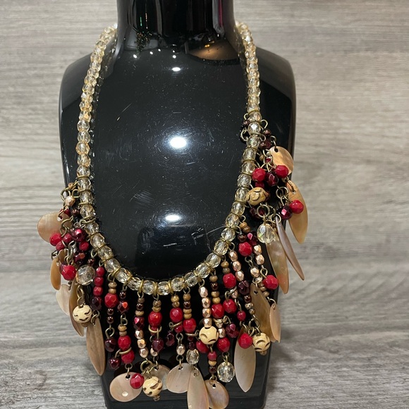Chico's Jewelry - Vintage Chico’s Beaded Necklace with Red/Gold Accents and mother of pearl fringe